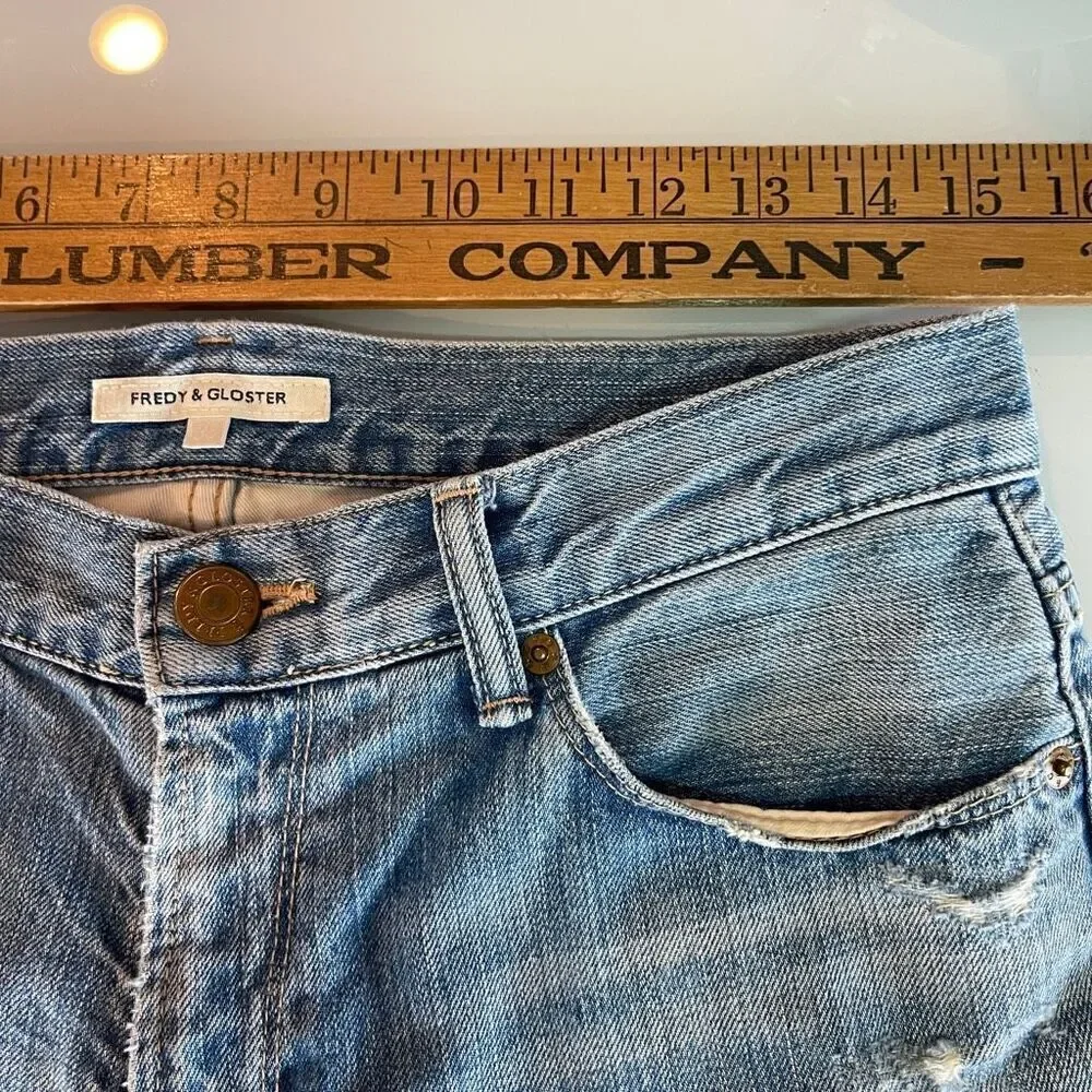 Fredy & Gloster Blue Distressed High Rise Straight Leg Denim Jeans Size see meas